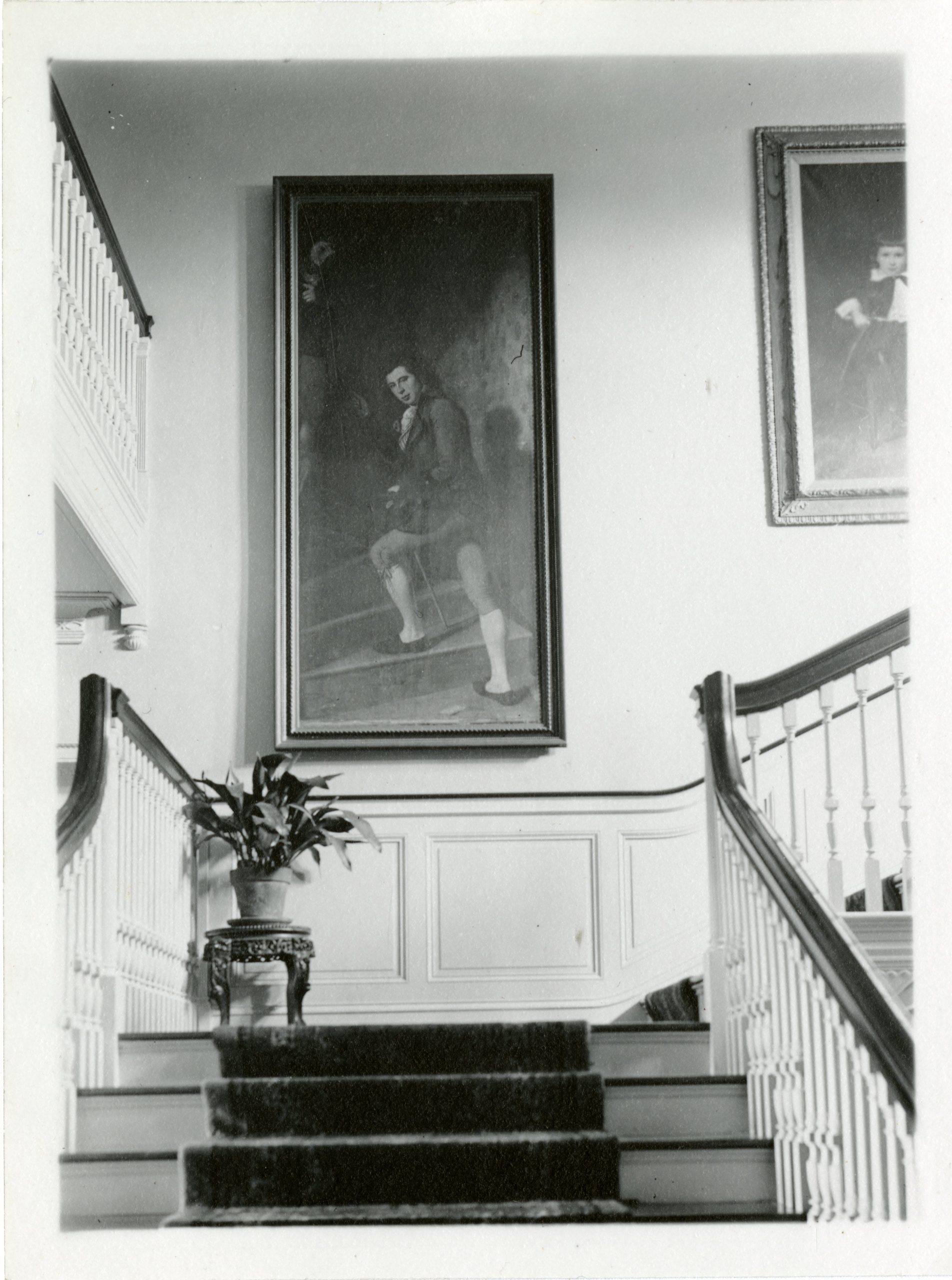 View of Boys on a Staircase or Staircase Group (Portrait of Raphaelle Peale and Titian Ramsay Peale I) by Charles Willson Peale hanging in Longmeadow House, a Colton family home in Longmeadow, MA. Painted by Peale in 1795. Photograph taken prior to donation of painting to the Philadelphia Museum of Art (1945).