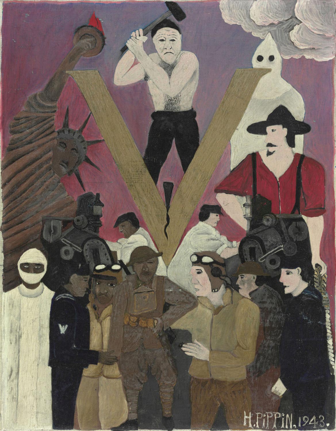 Horace Pippin (1888-1946), Mr. Prejudice, 1943, Oil on canvas, 18 1/8 x 14 1/8 inches