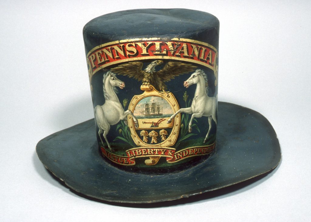 Fire Hat of the Pennsylvania Fire Co., mid-19th century, Attributed to David Bustill Bowser (1890-1900), 7 inches high, Courtesy of Robert and Kathy Booth